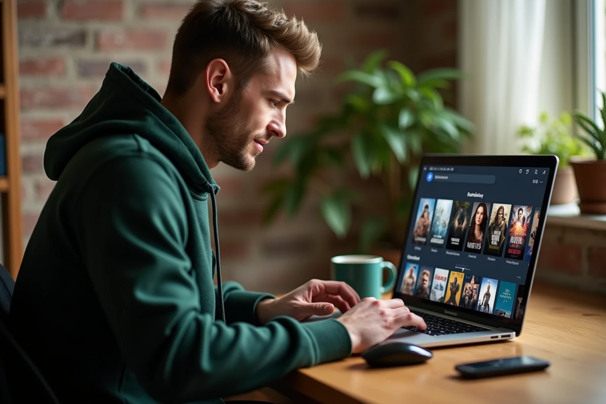 Homme consultant un catalogue de films sur une plateforme VOD légale depuis son bureau à domicile