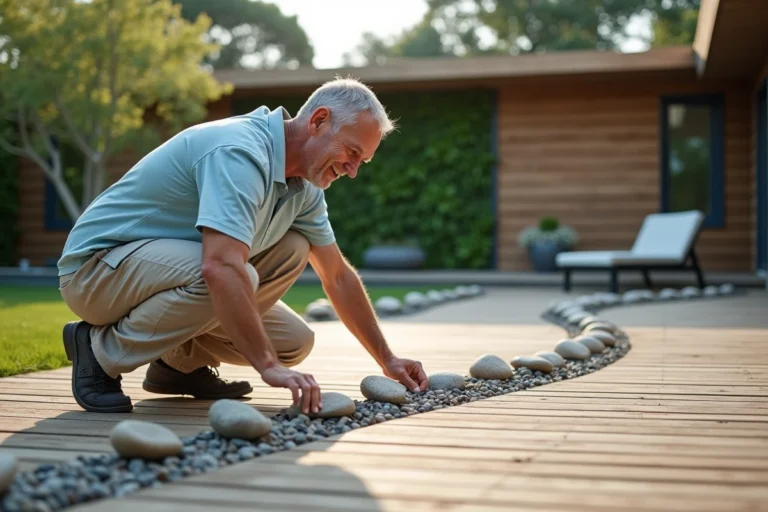 Homme arrangeant des pierres dans un jardin moderne