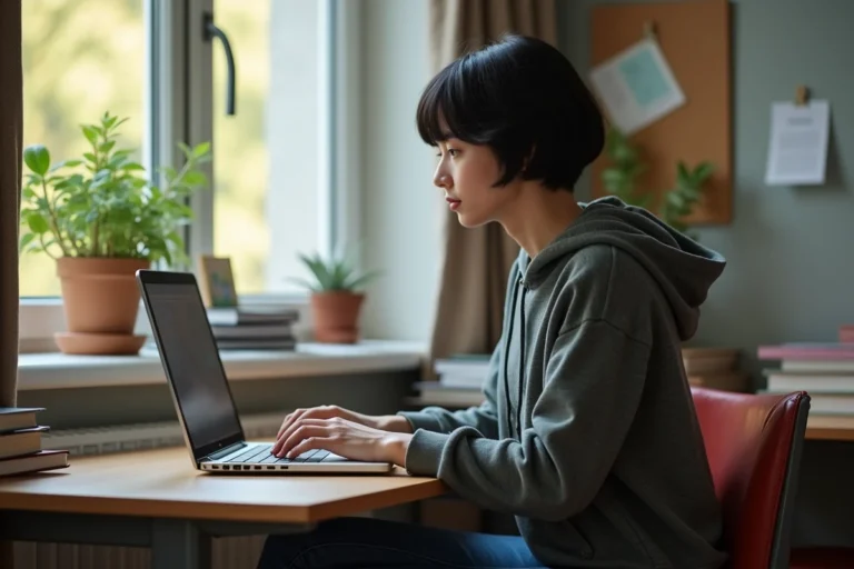 Jeune étudiante concentrée sur son ordinateur dans sa chambre universitaire
