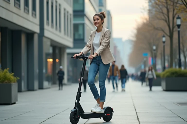 Jeune femme en ville montant un scooter électrique