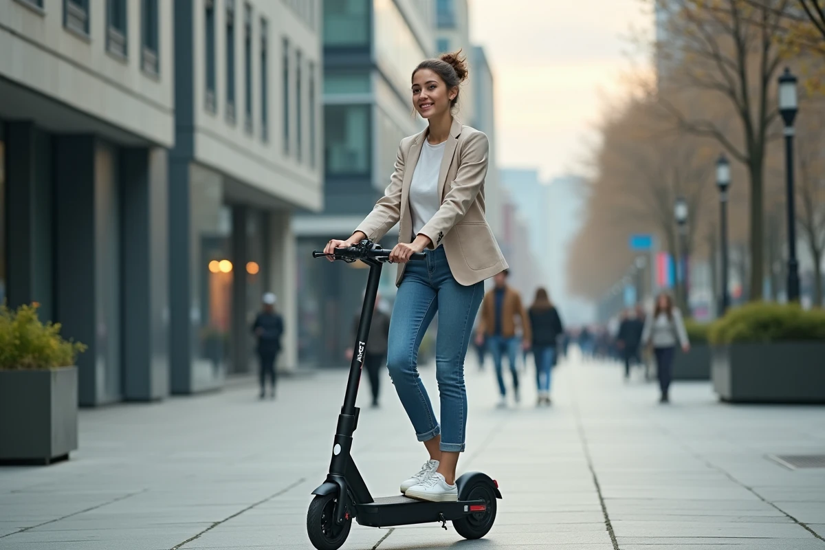 Jeune femme en ville montant un scooter électrique