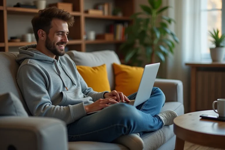 Jeune homme regardant un match en streaming sur son ordinateur