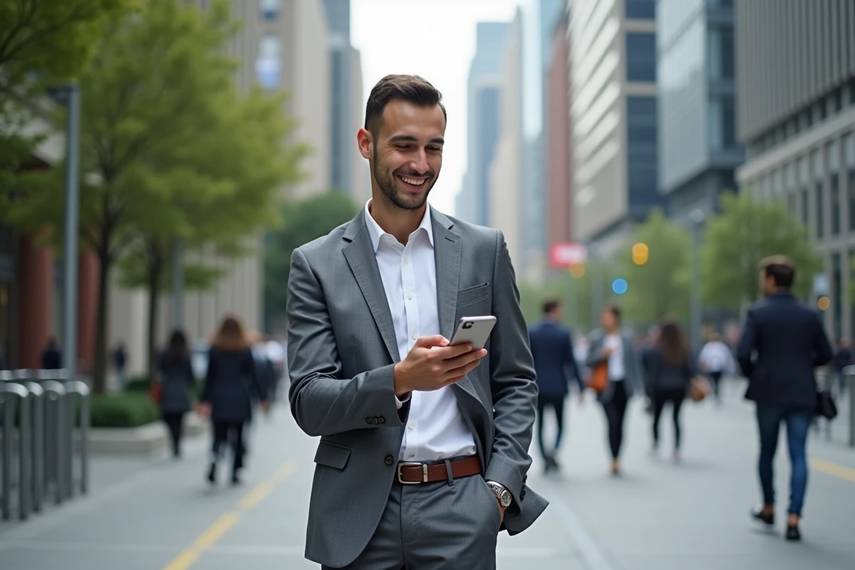 Jeune homme en ville regardant son smartphone avec sourire