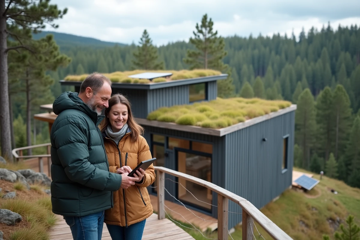 Couple devant leur maison écologique moderne à toit végétalisé et structure en bois lamellé-croisé avec panneaux solaires