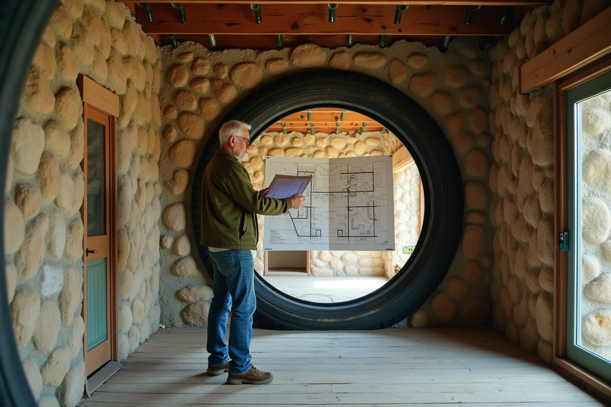 Homme examinant des plans architecturaux à l'intérieur d'une maison earthship construite avec des pneus recyclés et des matériaux naturels