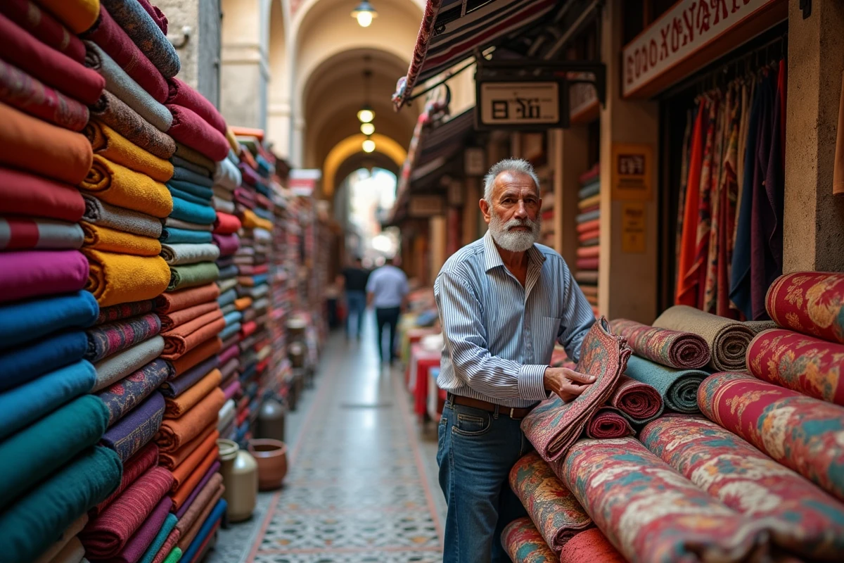 Vendeur de tissus traditionnels turcs dans un bazar couvert d'Istanbul avec des rouleaux de textiles colorés