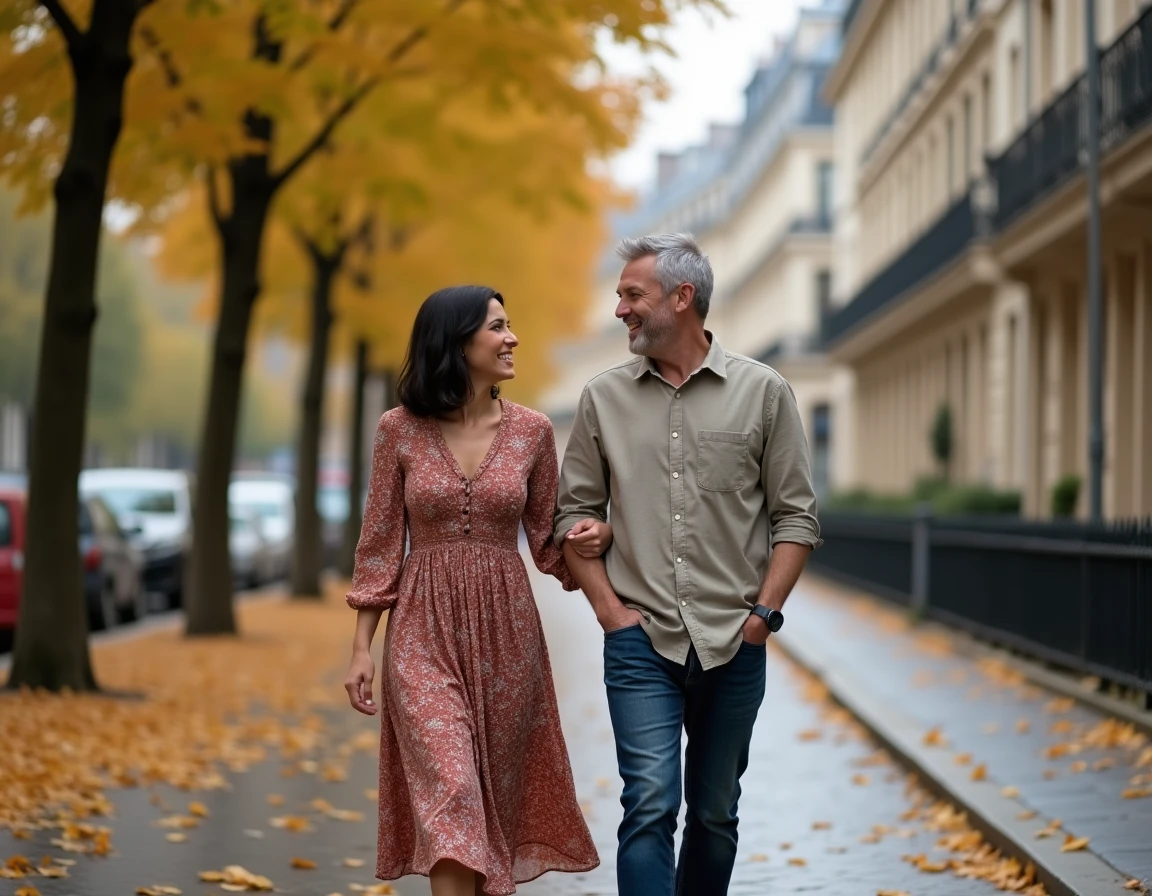 Couple complice se promenant sur un boulevard parisien en automne, illustrant la vie amoureuse de Marie Bastide et Calogero