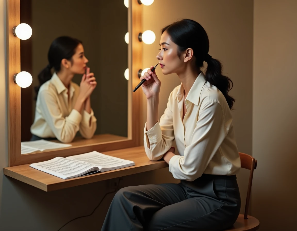Femme artiste en coulisses dans une loge avec miroir et partitions, capturant l'intimité du parcours artistique de Marie Bastide