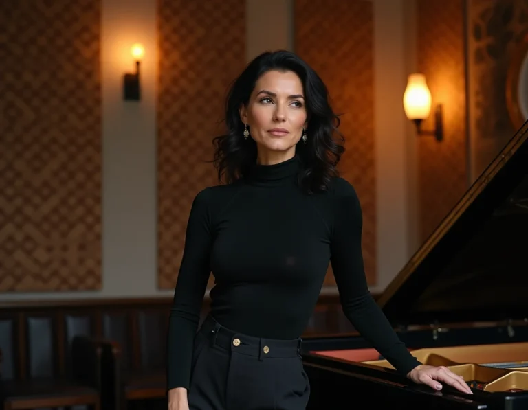 Femme musicienne élégante appuyée sur un piano dans un studio de musique avec murs en briques, évoquant l'univers artistique de Marie Bastide