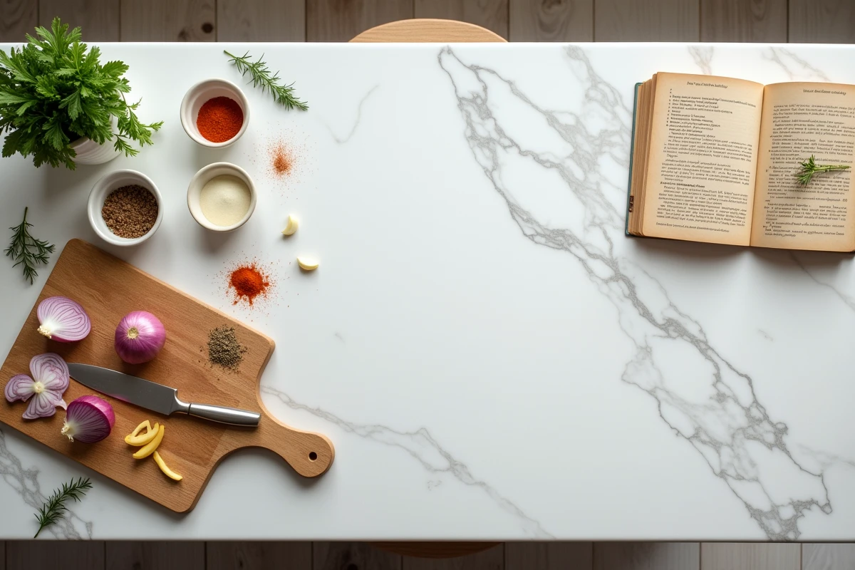 Vue aérienne d'une mise en place organisée sur un plan de travail en marbre avec épices, légumes coupés et fiche recette manuscrite