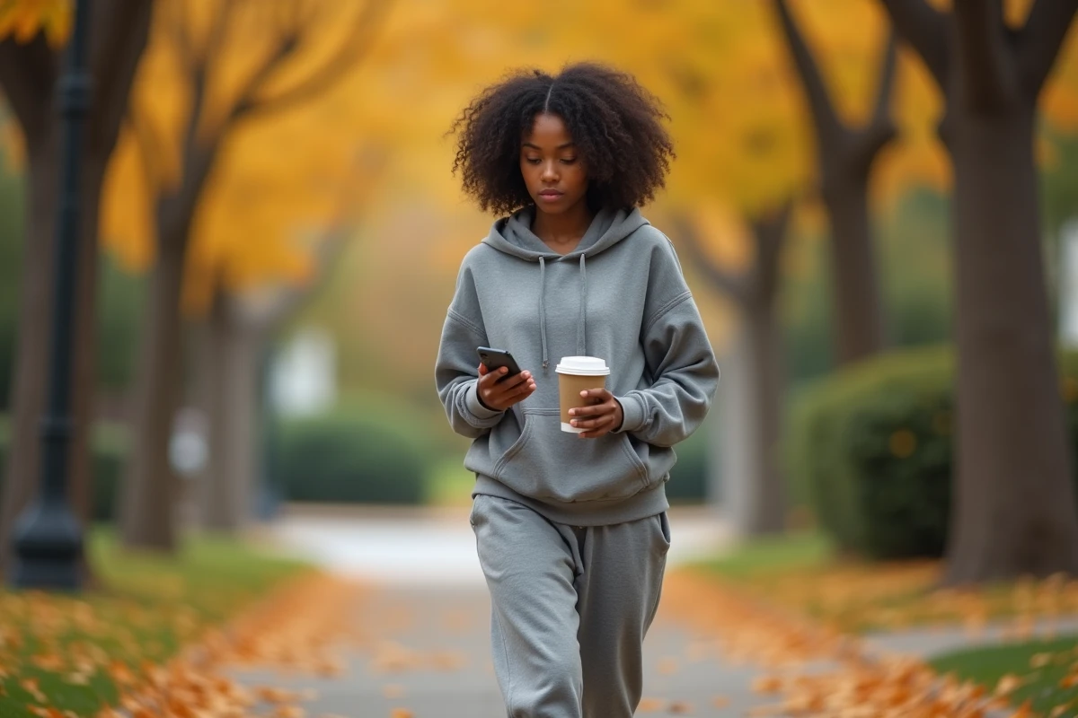 Naomi Osaka dans sa vie quotidienne hors des terrains, promenade décontractée dans un quartier résidentiel en automne