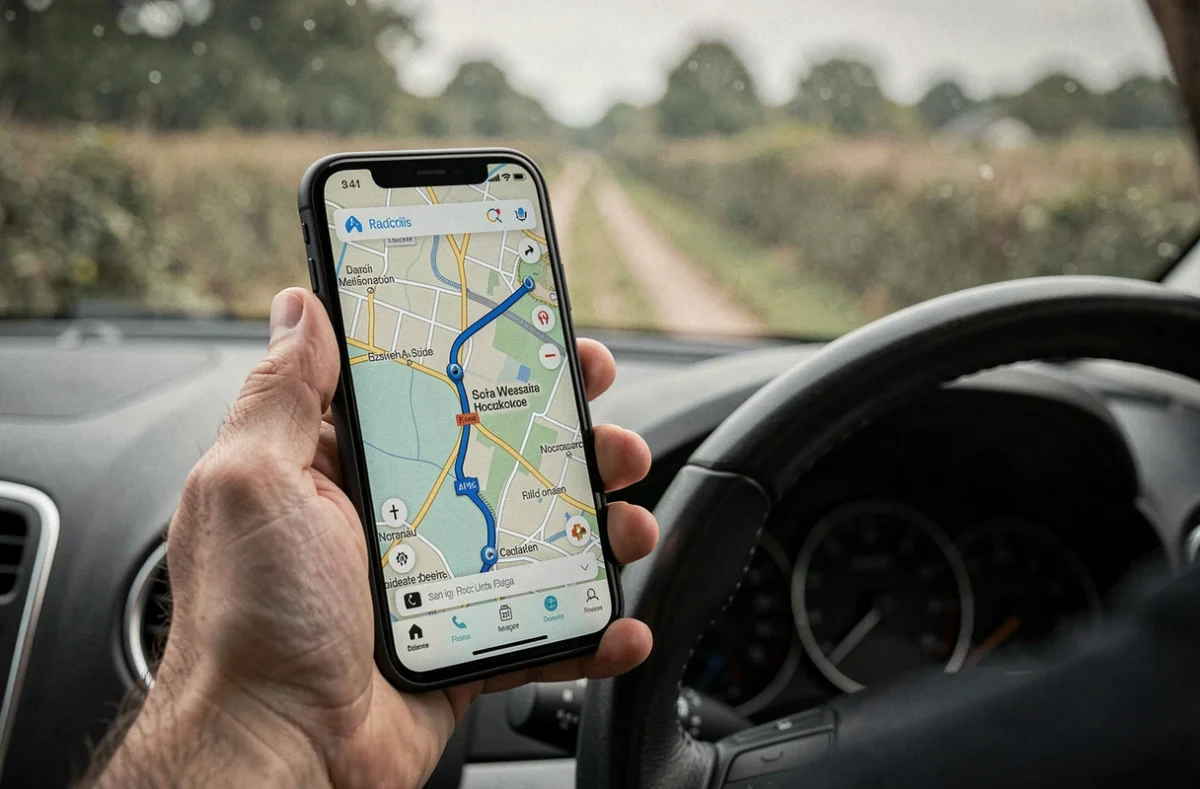 Smartphone affichant un itinéraire GPS vers La Fermette De Marie depuis une voiture en route