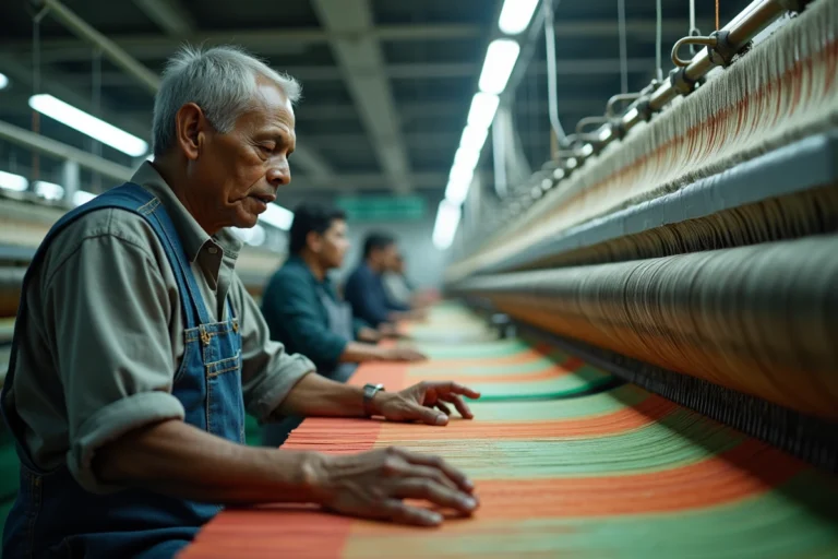 Ouvrier textile bangladais travaillant sur un métier à tisser industriel dans une grande usine de fabrication de tissus
