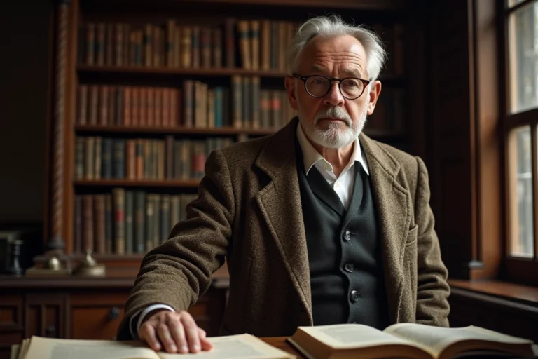 Professeur en veste de tweed dans une bibliothèque académique du XIXe siècle, évoquant les origines de la pédagogie moderne