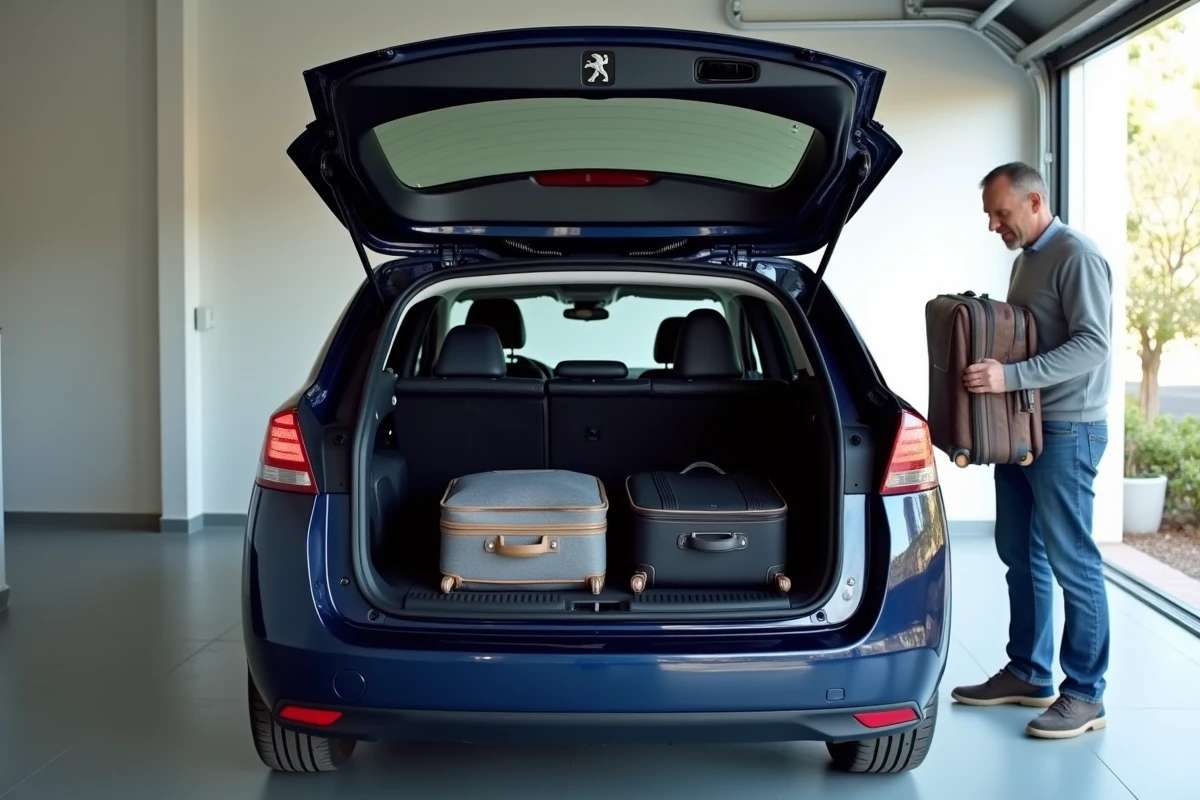 Coffre ouvert d'une Peugeot 308 SW avec bagages illustrant le volume de chargement et les dimensions du coffre