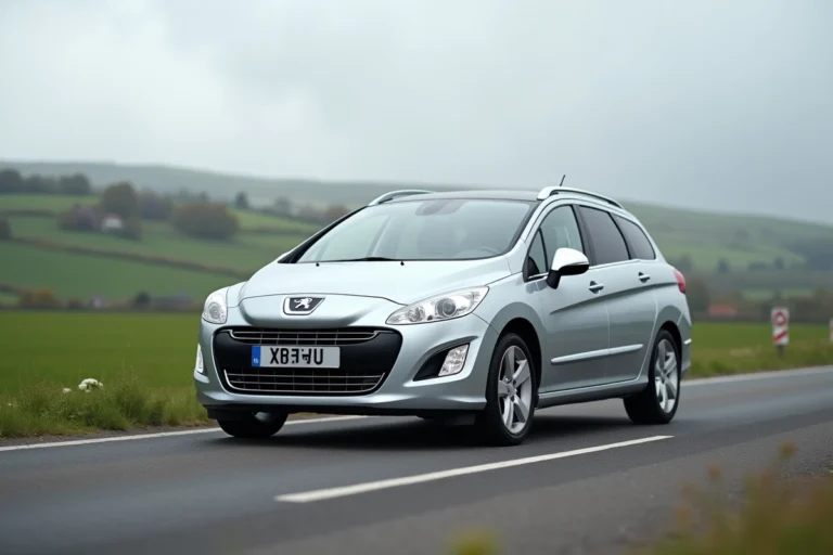 Peugeot 308 SW vue de trois quarts avant sur route de campagne illustrant ses dimensions extérieures