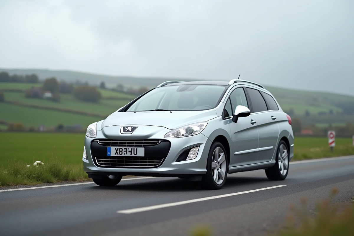 Peugeot 308 SW vue de trois quarts avant sur route de campagne illustrant ses dimensions extérieures