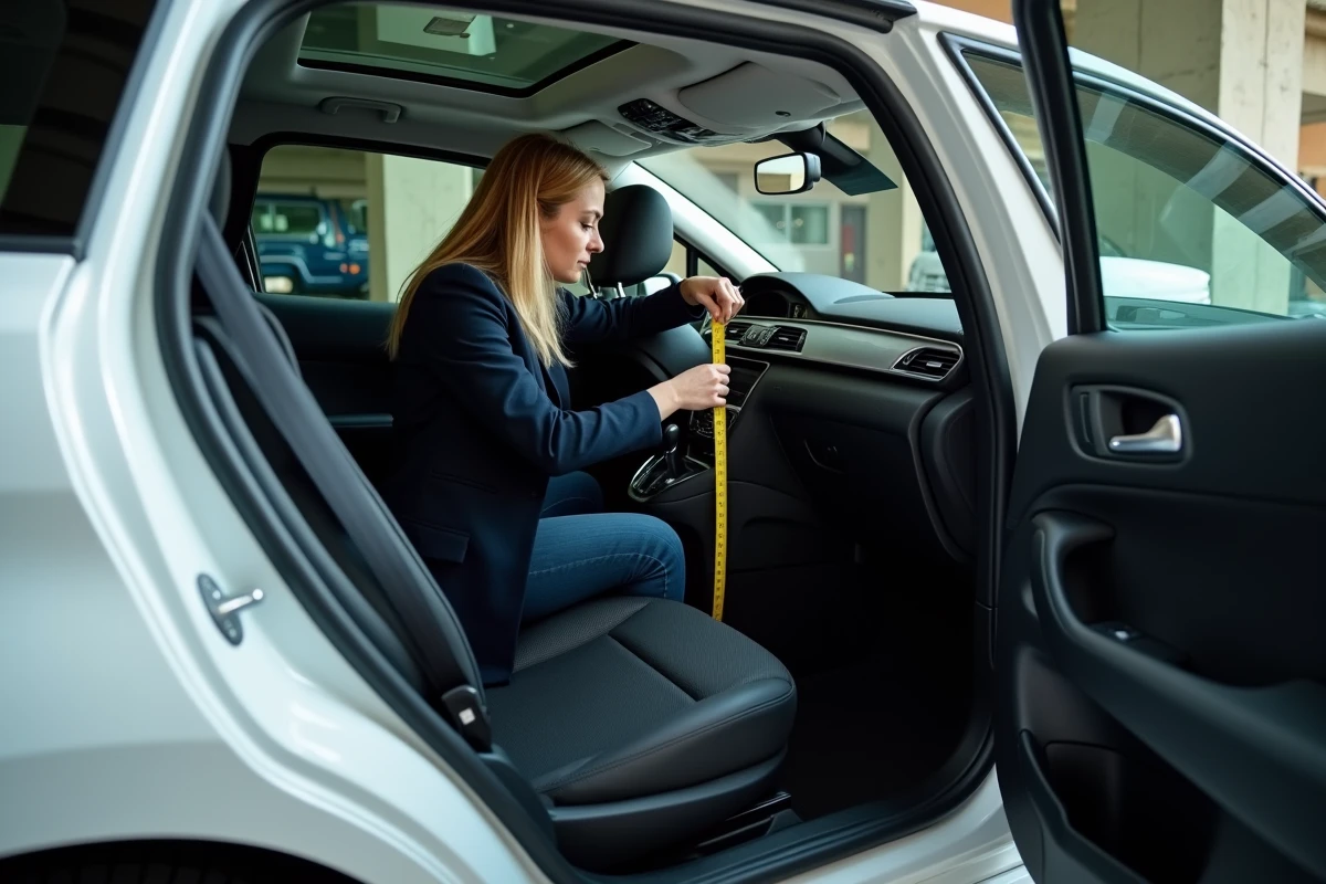 Femme mesurant l'espace intérieur d'une Peugeot 308 SW pour illustrer les dimensions habitacle et l'espace aux jambes