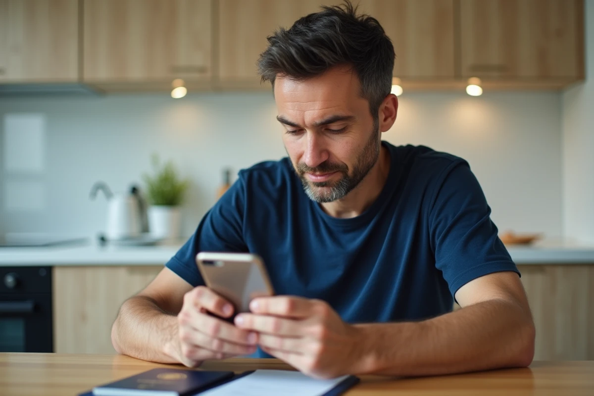 Homme photographiant son passeport avec un smartphone posé à plat sur une table en bois