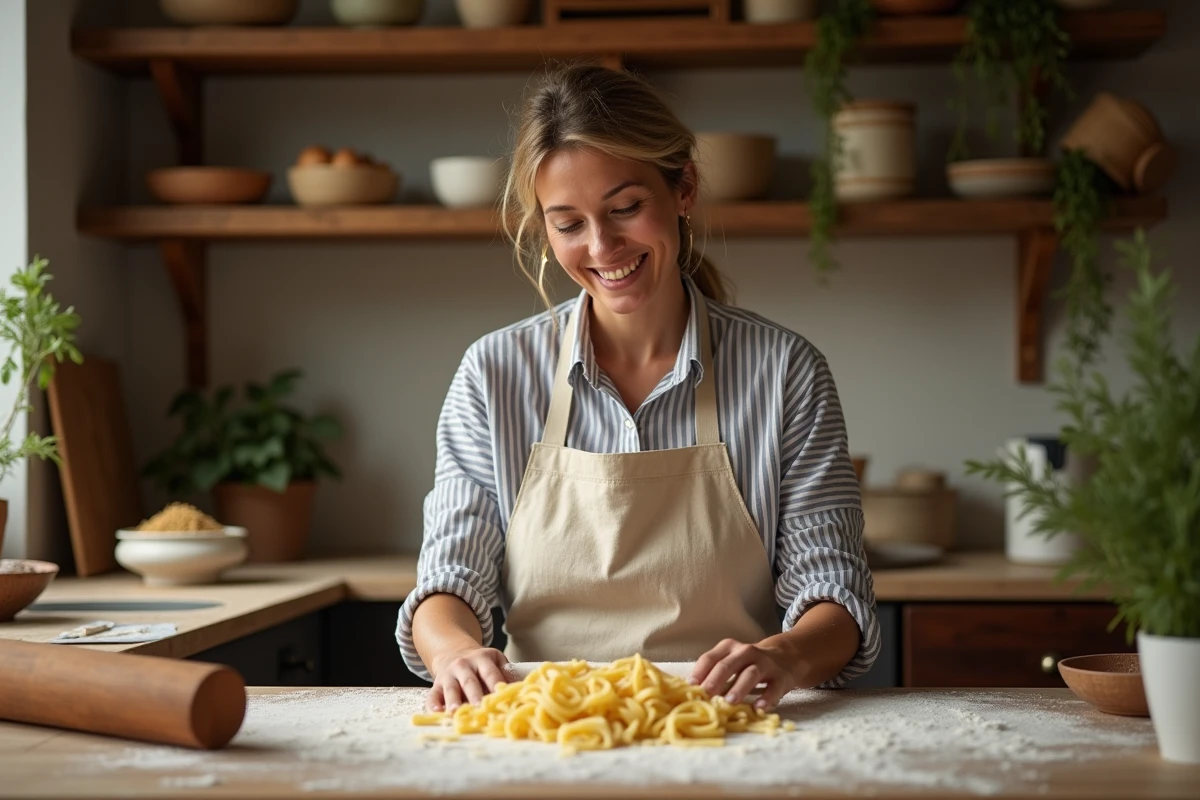 Femme préparant des pâtes fraîches maison sur un plan de travail en bois fariné dans une cuisine rustique chaleureuse
