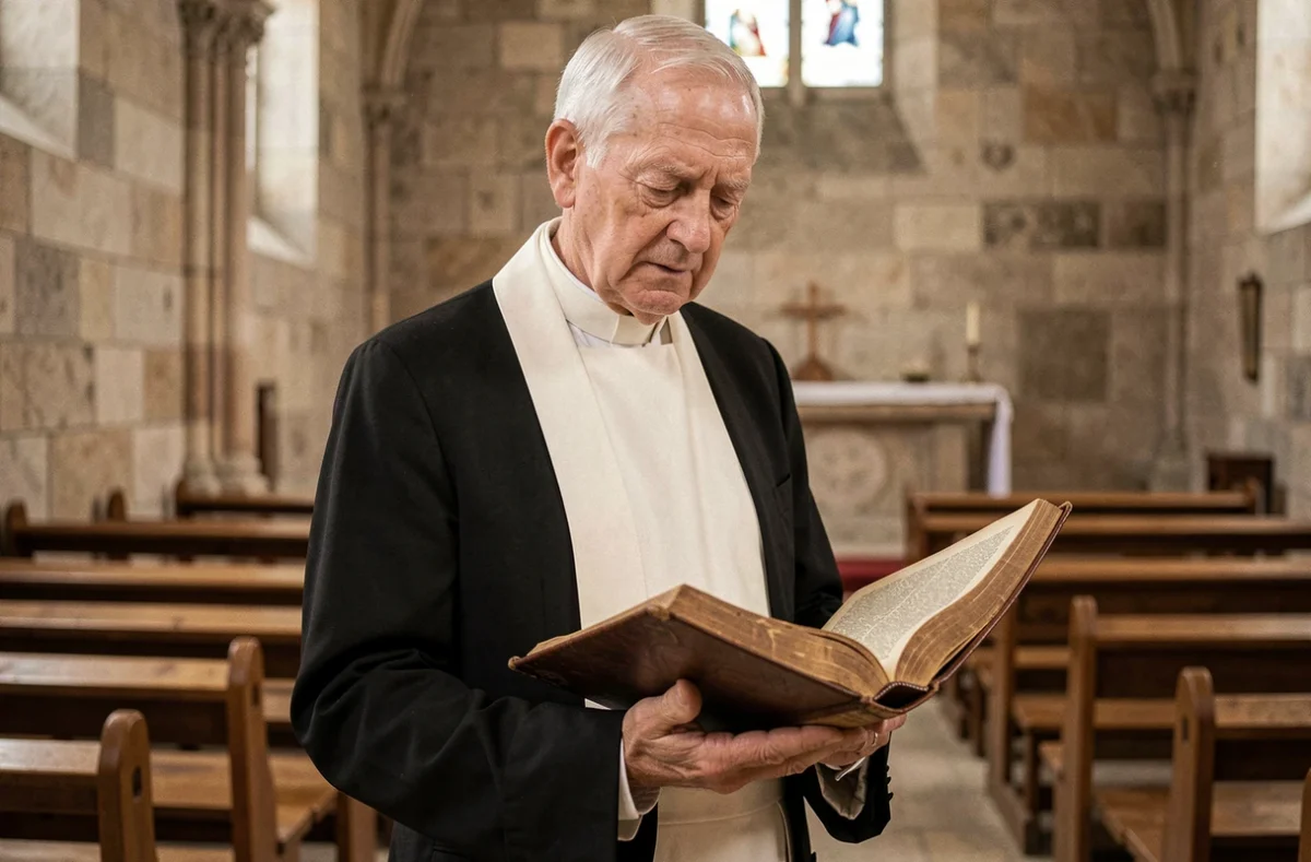 Prêtre catholique âgé tenant un livre liturgique latin dans une chapelle en pierre, illustrant l'exorcisme de Léon XIII