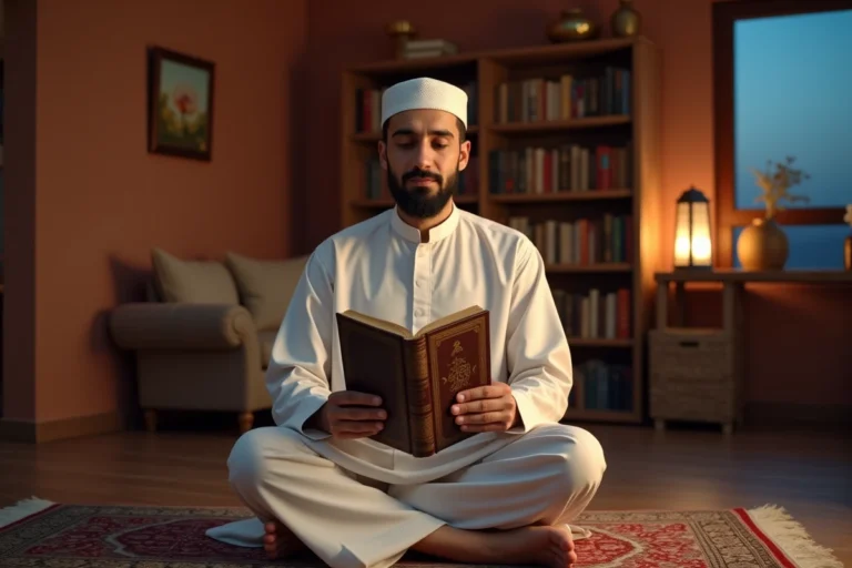 Homme musulman récitant le Coran le soir sur un tapis de prière dans un salon chaleureux