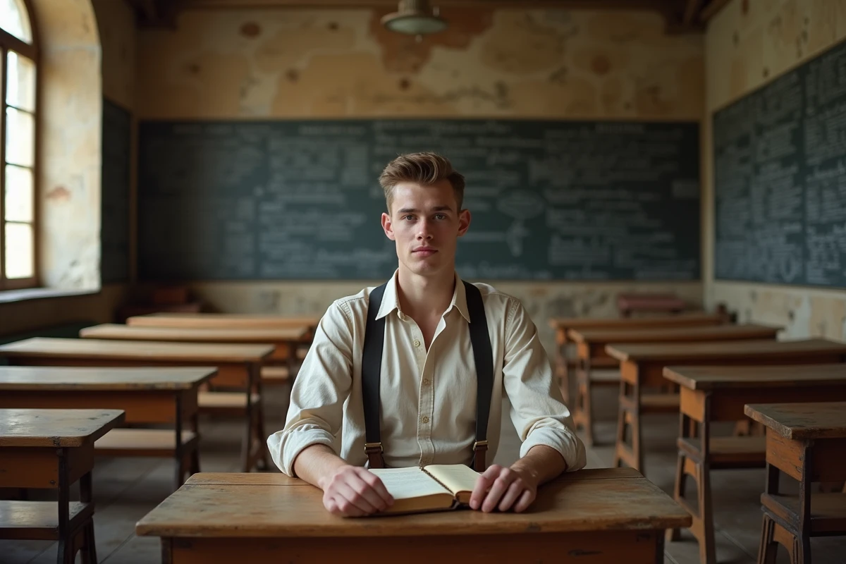 Étudiant assis dans une salle de classe historique européenne avec tableau noir et pupitres anciens, illustrant l'histoire de l'éducation