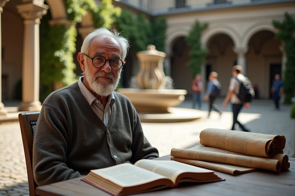 Vieux savant consultant des manuscrits anciens dans la cour d'une université classique européenne, symbolisant les fondements de la pédagogie
