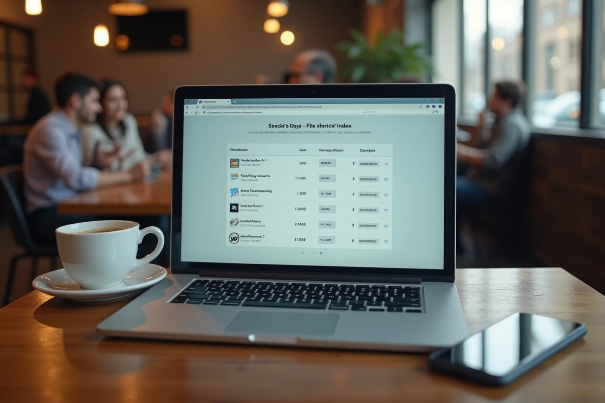 Ordinateur portable affichant un site de téléchargement illégal dans un café, illustrant le piratage numérique en France