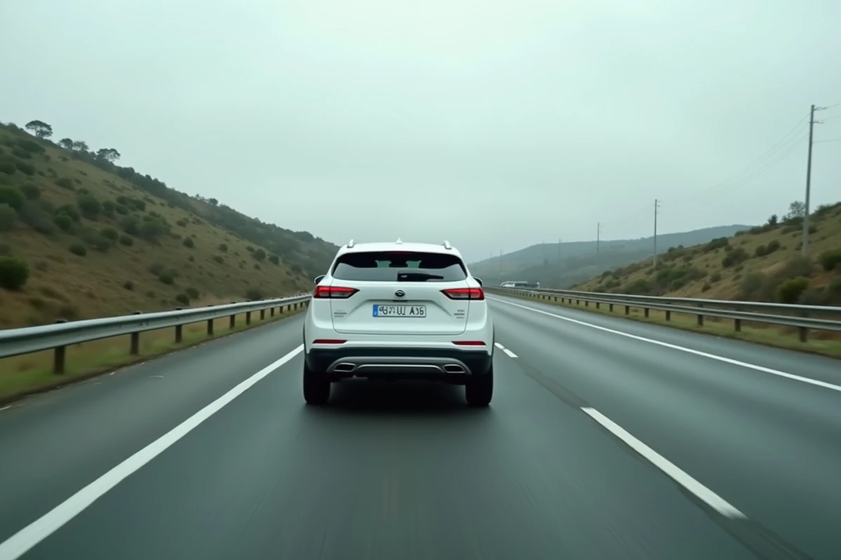 Voiture hybride blanche sur une autoroute française entourée de collines verdoyantes, illustrant une conduite économe en carburant