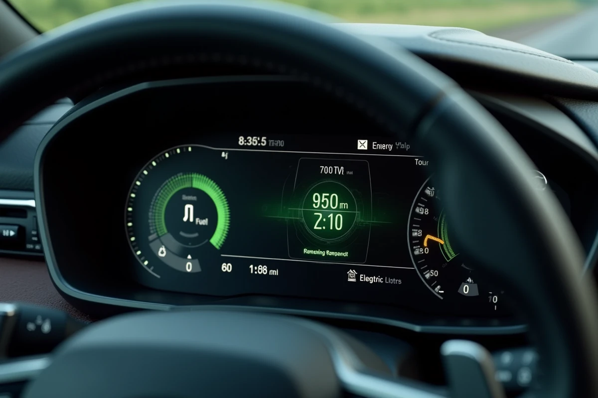 Tableau de bord numérique d'un véhicule hybride affichant le flux d'énergie, la consommation en temps réel et l'autonomie électrique restante