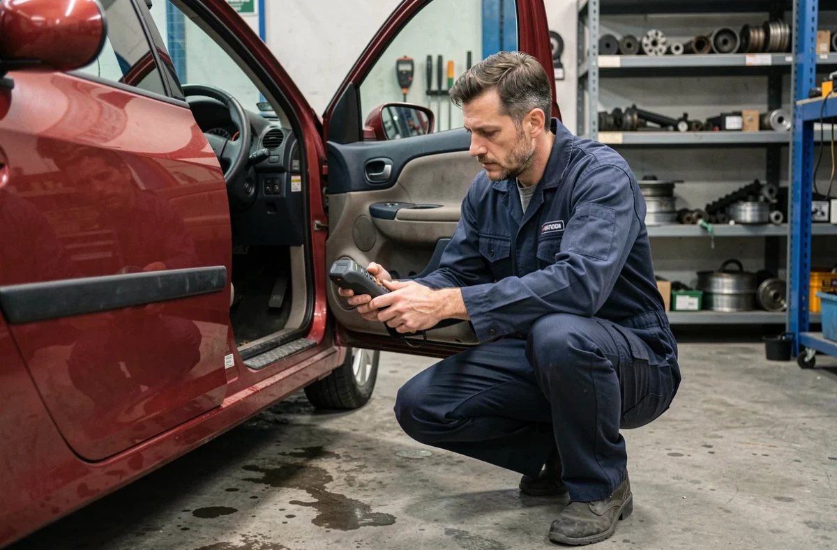 Technicien automobile inspectant le boîtier anti-démarrage sous le tableau de bord d'une Renault Clio 2 dans un garage