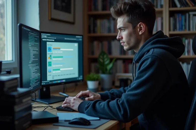 Jeune homme téléchargeant des fichiers illégalement sur un site de piratage depuis son bureau à domicile
