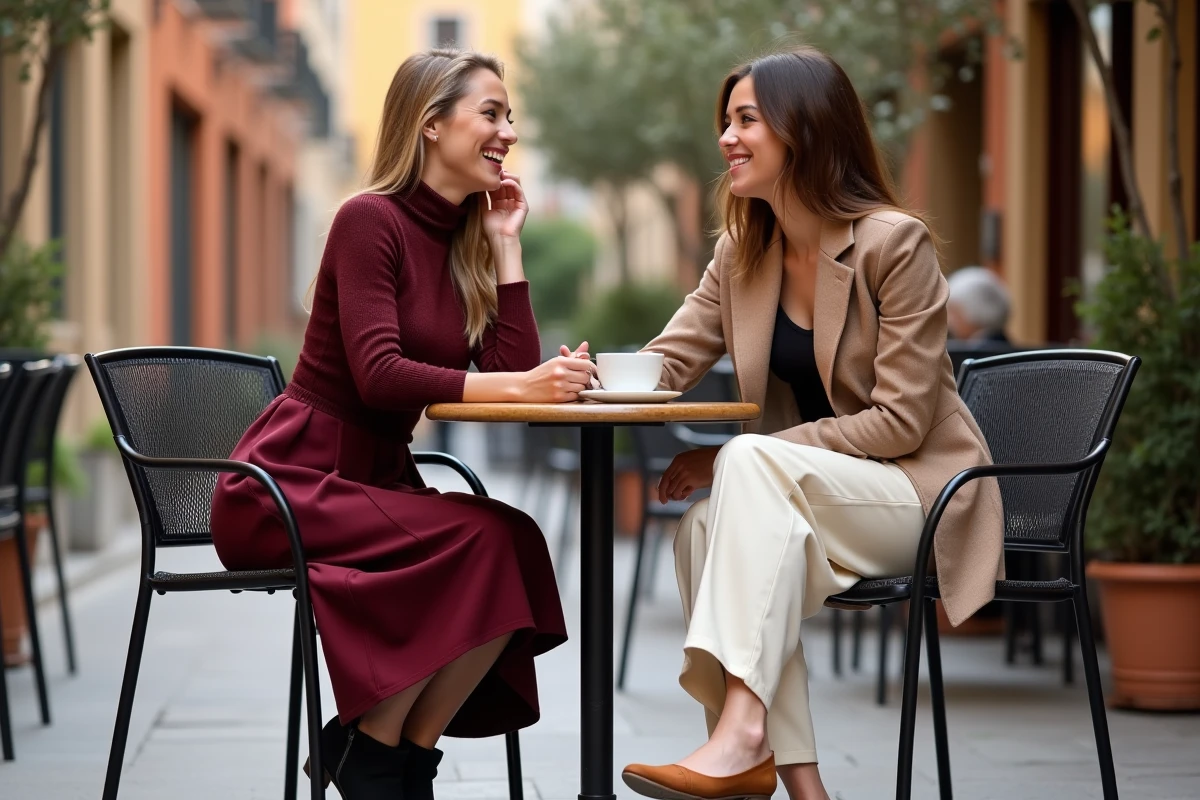 Deux femmes tendance assises en terrasse de café, portant les incontournables de la saison — jupe midi bordeaux et blazer structuré crème