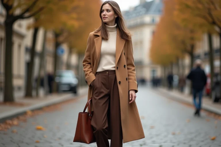 Femme élégante en manteau camel et pantalon large marron dans une rue parisienne pavée, tendances mode automne-hiver