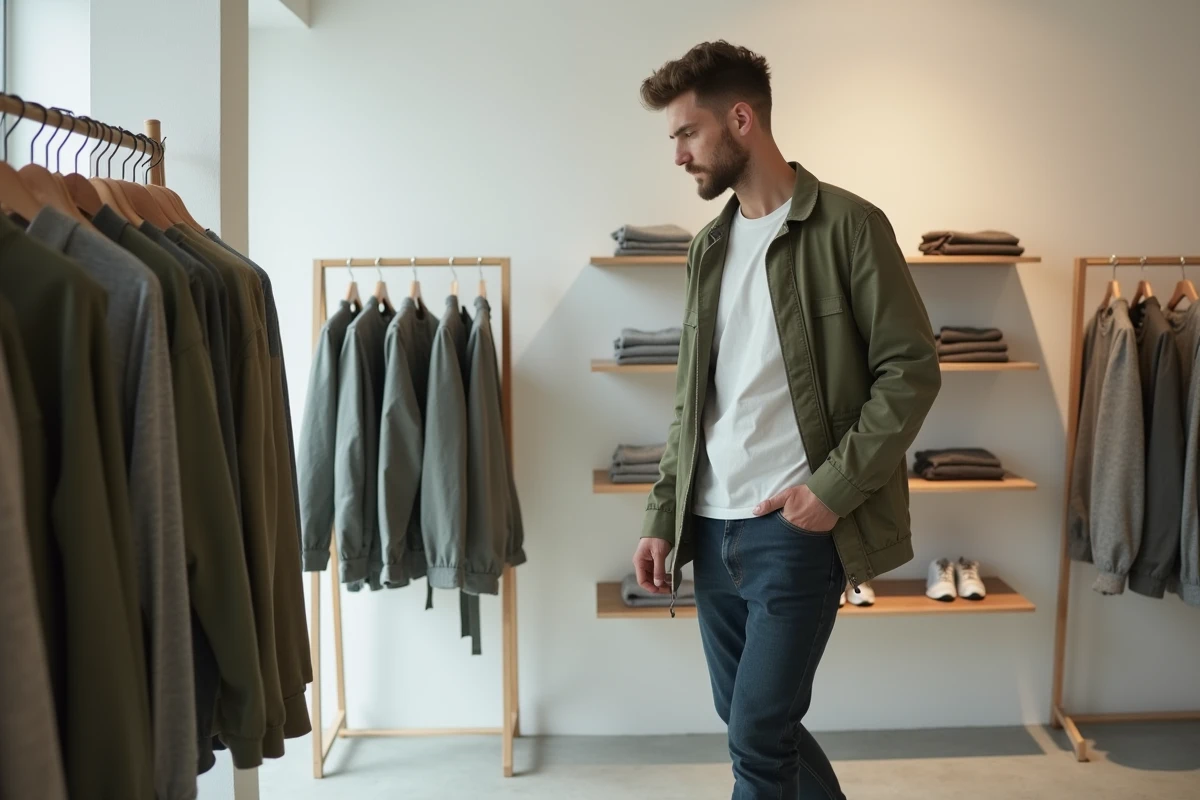 Homme en veste utilitaire verte sage explorant les nouvelles tendances mode dans une boutique concept store minimaliste