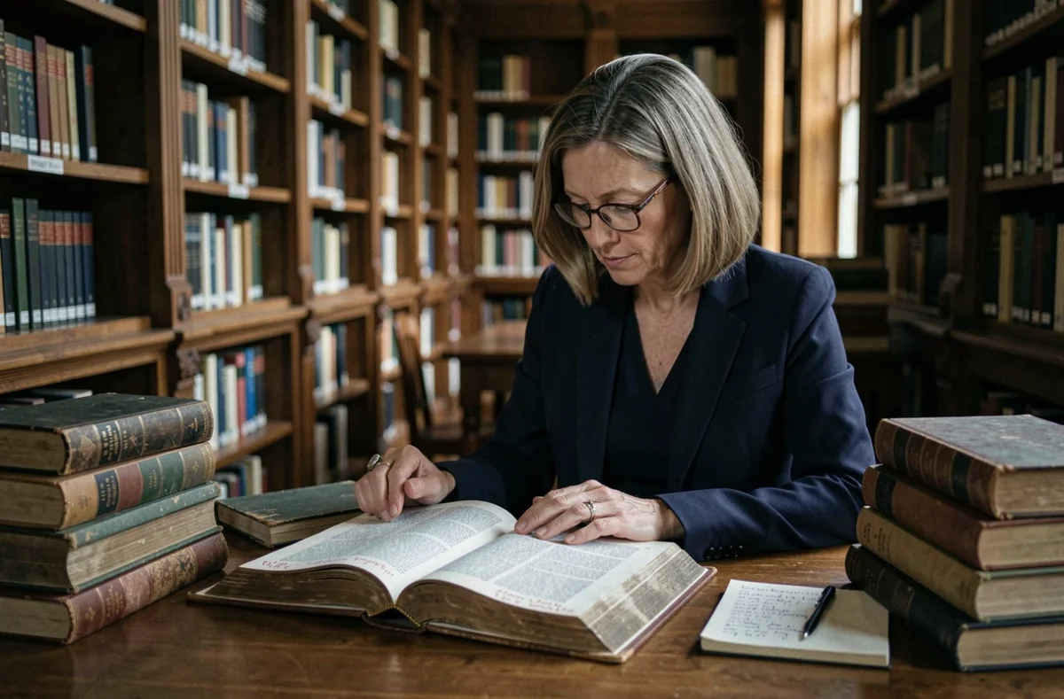 Théologienne étudiant un texte religieux historique dans une bibliothèque universitaire, en référence à l'analyse de l'exorcisme de Léon XIII