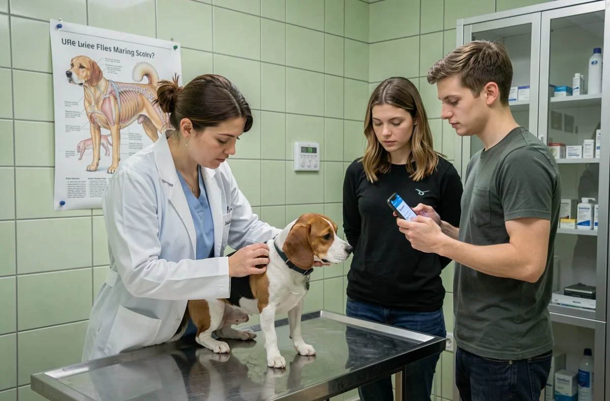 Vétérinaire examinant un beagle en consultation pendant qu'un couple consulte une application d'assurance animale sur smartphone