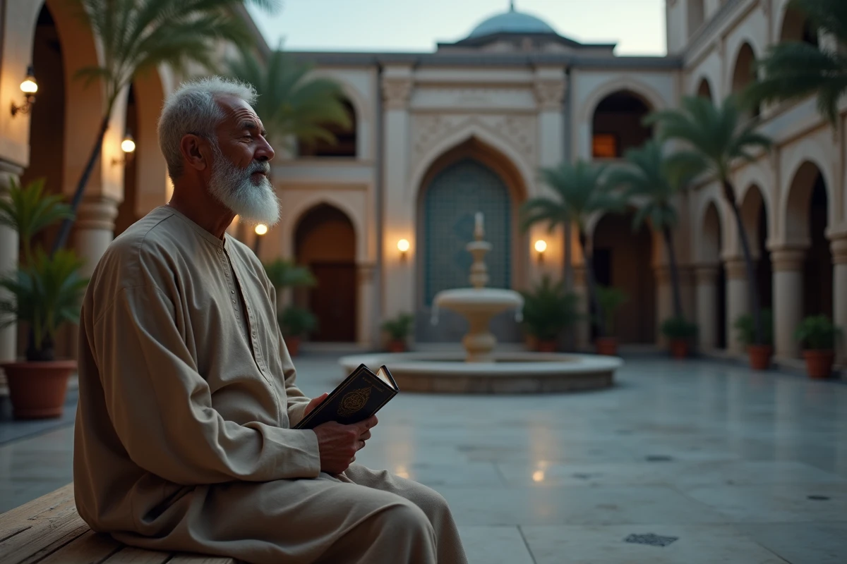 Vieil homme en prière silencieuse avec un Coran dans la cour d'une mosquée au coucher du soleil